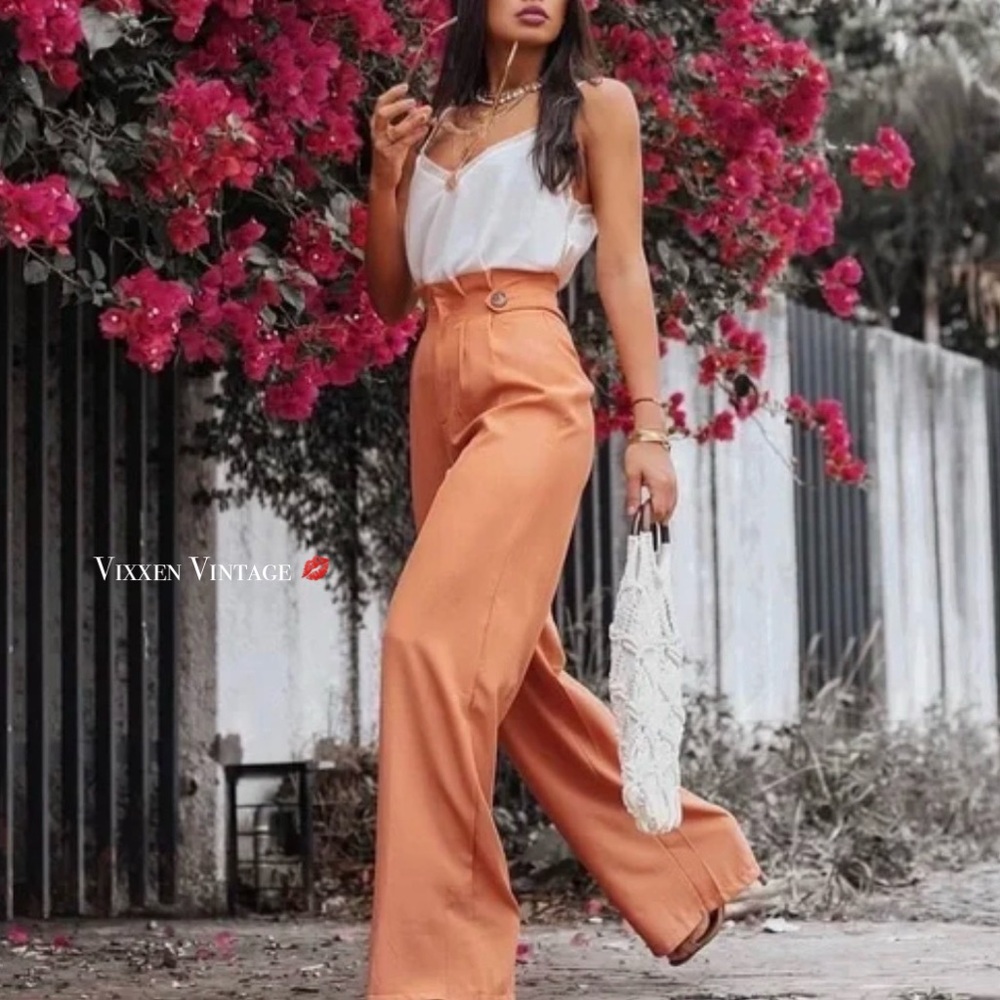 FOREVER 21 BELTED PAPERBAG WIDE LEG TROUSERS IN PEACH